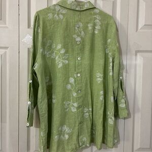 Habitat Tunic Top Womens XL Green Floral Linen Cotton 3/4 Sleeve Button-Up